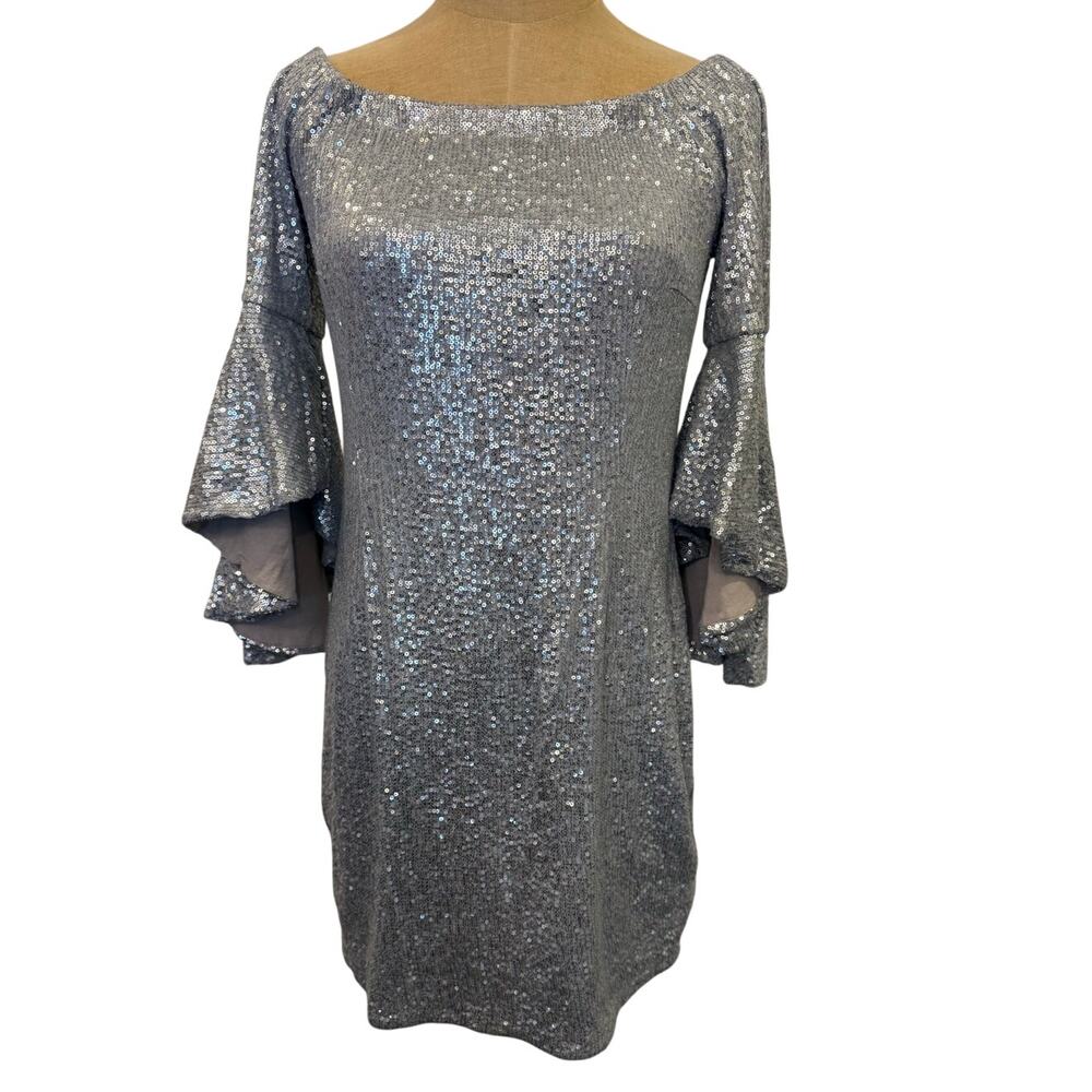 BOSTON PROPER Silver Sequin Cocktail Dress Women 10 Homecoming Party